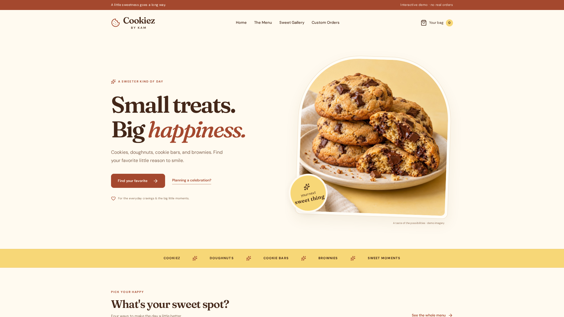Cookiez By Kam demo bakery homepage with cookie photography and clear menu navigation.