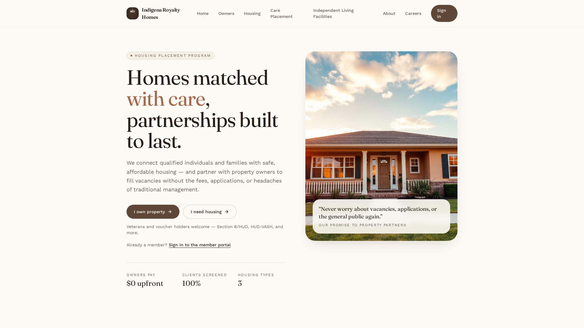 Public Indigena Royalty Homes website showing a residential property and paths for owners and housing seekers.